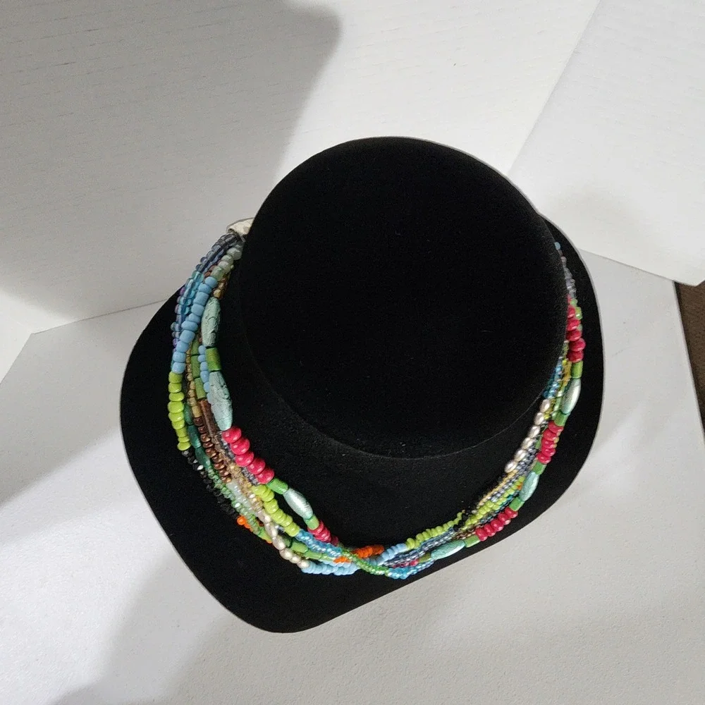 Boho Multi Strand Beaded Necklace Colorful Glass Wood Layered Bib Statement